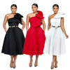 Women Big Bow Shoulder Skew Collar Big Swing Knee Length Dress Belt Street Vestidos Sexy Party Evening Chic Dresse