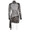 Turtleneck Sexy Sheer Print Leopard Bandage Women Dress Long Sleeve Mini Dress Lady Spring Slim Elegant Party Club Dress