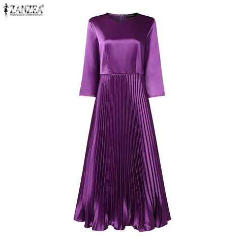 Elegant Womens Satin Silk Evening Party Dresses O-Neck 3/4 Sleeve Fit and Flare Pleated Dress Solid Color Long Robe Femme