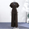 Chic Solid Stand Neck Blazer Jacket Pant Set Women Full Sleeve Shoulder Pads Coat Wide Leg Pants Autumn Commute Outfit