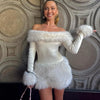 Fur Patchwork Knitted Dress Women's Grace One Shoulder Solid Slim High Waist Dress Autumn Winter Christmas Party Clothes
