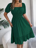 Solid Puff Sleeve Square Neck Ruched Bust Ruffle Hem Wasit Dress, Women's Clothing