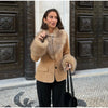 Beige Faux Suede Women Jacket Fur Collar Cuffs Trim Button Front Coat Vintage Western Cowgirl Style Warm Winter Outerwear