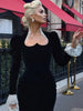 Velvet Lace Patchwork Dress Square Collar Waist Cinched Slim Fit Party Gown Robes Elegant Women Wrap Hip Fishtail Long Dresses