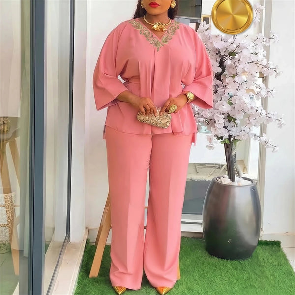 Women Causal Pink Two Piece Set V Neck Appliques Waist Cinching Top Wide Leg Long Pants African Office Party Outfits