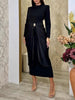 Sexy Evening Party Black Color Midi Dress for Women O Neck Long Sleeve Pachwork Metal Buckle Folds Bodycon Dresses Female