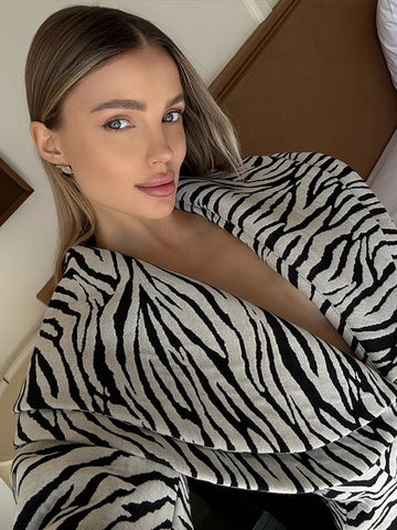 Zebra Print Women's Two Piece Suit Big Lapel Neck Jacket Hip Package Belted Waist Half Skirt Autumn Commute Outfits