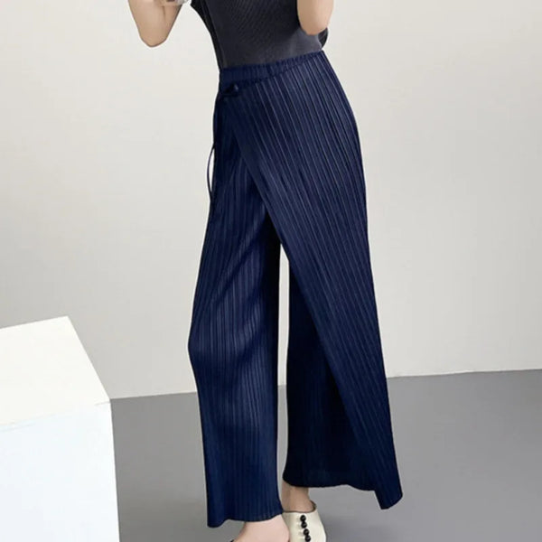Elegant Navy Blue Pleated Wrap Wide Leg Pants Women High Waist Vertical Pleat Casual Trousers Spring 2DB7425