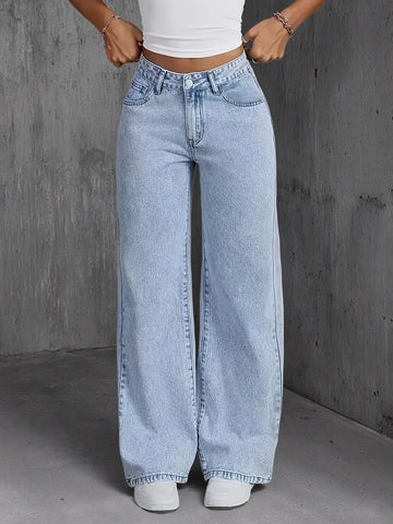 Jeans For Woman Y2k Clothes Light Blue Wide Leg Denim Pants Loose Simple Stretch Free Four Seasons Casual