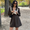 Casual Plaid Print Mini Dress Women Loose Lapel Lace Splice Long Sleeve Dress Party Vacation Clothes Female