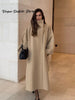 Chic Stand Collar Long Woolen Coats Women Loose Puff Sleeve Single Breasted Solid Warm Overcoat Autumn Winter Lady Outwear