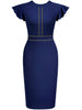 Women Crew Neck Ruffle Vintage Slim Work Office Cocktail Party Knee Length Sheath Bodycon Pencil Slim Dress
