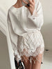 Women's Satin Short Dress Patchwork Lace Trim Crew Neck Long Sleeve Loose Dresses Spring Lady Casual Daily Chic Streetwear