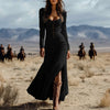 Vintage Spring U Neck Button Pleated Long Dress Woman Solid Split Boho Dress Autumn Long Sleeve Slim Maxi Dress Vestidos