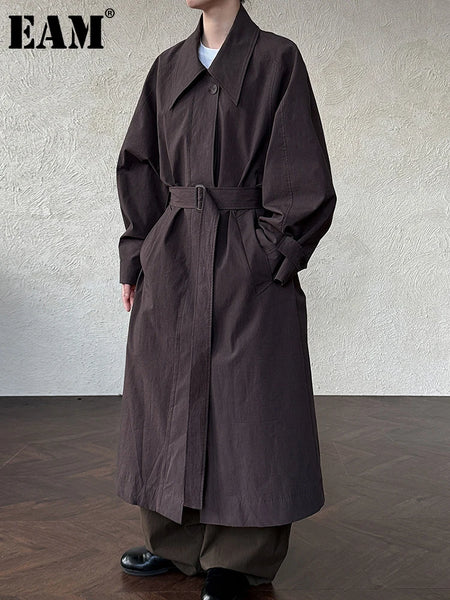 Women Coffee Brief Belted Big Size Long Trench Lapel Long Sleeve Windbreaker Tide Spring Autumn 1DJ3893
