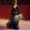 Elegant Sexy Two Piece Set Women V Neck Long Sleeve T-shirt Maxi Skirt Matching Set Female Loose Pleated Club Dress Set