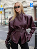 Lady Retro Burgundy Belted Leather Jacket Solid Stand Collar Long-sleeved Cropped Coat Women Daily Street Outerwear