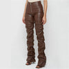 1PC Brown Faux PU Leather Pleated High Waist Stacked Pants Women Slim Hipster Street Style Long Trousers Female 2#