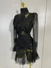 Sexy Black High Collar Long Sleeve Solid Mesh Sexy See Through Ruffle Mini Dress Women Elegant Evening Club Party Birthday Dress