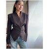 Pleated Waist Cinching Blazer Coat Women Chic Deep V-neck Full-sleeve Single Breasted Slim Coats Lady Commute Jacket