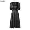 Women Silky Satin Party Midi Dress Elegant V-Neck Short Puff Sleeve Belted A-Line Dress Graceful Cocktail Vestidos Mujer