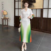 Gradient Color print Pleated women's Dress tie flowe Flared Sleeve elastic lace up design Long Dresses 2DB6658