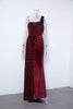 Wine Sequin Evening Dress Elegant Women One Shoulder Draped Split Wedding Party Prom Dresses Bridesmaid Wine Long Gown