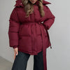 Winter Casual Lace-up Waisted Hooded Mid-Length Jacket For Women Solid Color Thickened Cotton Coat 1A1207
