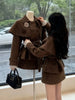 French Casual Retro Tweed Two Piece Set Women Autumn Winter Slim Double Breasted Cape Coat + Belted Skirt Elegant Vintage Outfit