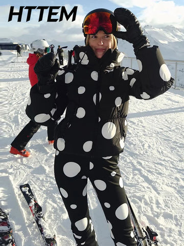Polka Dot Ski Trouser Suits Women Hooded Stand Collar Thicken Slim Lady Set Autumn Winter Warm 2 Pieces Set Women Ski Wear