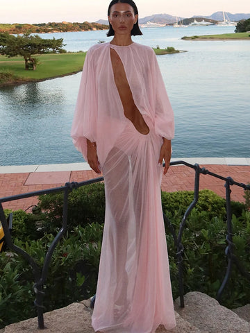 Sexy See Through Dress Women Simple Hollow Ruched Lantern Sleeve Patchwork Elegant Vacation Party Clubwear