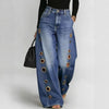 Women Faux Denim Wide Leg Pants High Waist Floral Print Eyelet Hole Decor Loose Baggy Trousers Vintage Street Long Pants