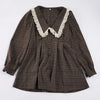 Casual Plaid Print Mini Dress Women Loose Lapel Lace Splice Long Sleeve Dress Party Vacation Clothes Female