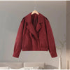 Red Suede Lapel Moto Jacket Oversized Zipped Long Sleeve Autumn Women Streetwear Biker Coat Versatile Lady Jaqueta