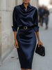 Elegant Temperament Satin Shirt Dress for Women Spring Solid Long-sleeved Blouse Dress Casual Office Lady Midi Dresses