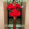 Red Puff Sleeve Mini Dress Women Sweetheart Neck Ruffle Trim Balloon Hem Bodycon Party Club Evening Cocktail Dress