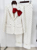 High Street Designer Suit Women Bow Decorated Polka Dot Blazer Pants Set 2PCS