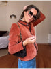 Casual Stand Collar Cropped Jacket Women Elegant Velvet Puff Sleeve Contrast Trim Coat Spring Chic Lady Streetwear