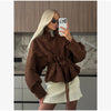 Solid Tie Waist Cinching Suede Jackets Women Chic Stand Up Collar Loose Crop Short Coats Lady Autumn Commute Daily Outfit