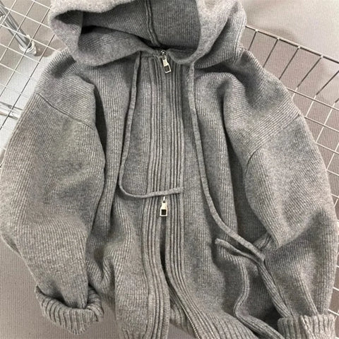Korean Gray Hood Sweater Outerwear Women Loose Spring Autumn and Winter Outdoor Thickened Knitted Double Zipper Hoodie Coats