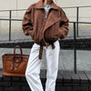 Women's Belt Short Suede Jackets Loose Lapel Long Sleeve Zipper Coats Spring Lady Vintage Female Outwear Street