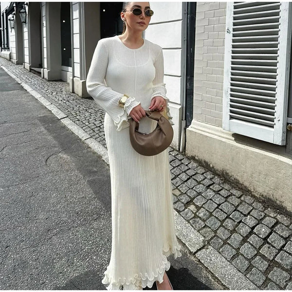 Elegant Knitted Ruffle Dress Women White O-neck Long Flare Sleeve Maxi Dresses Female Autumn Lady Vestidos