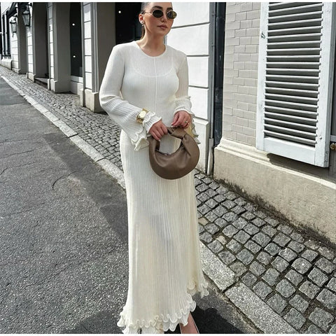 Elegant Knitted Ruffle Dress Women White O-neck Long Flare Sleeve Maxi Dresses Female Autumn Lady Vestidos
