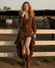 Women's Retro High Low Ruffle Hem Dress Long Sleeve Turn Down Collar Chic Ethnic Western Cowboy Slim Midi Dresses Autumn