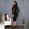 Elegant Women Floral Applique Mesh Long Sleeve Knit Ribbed Sweater Dress Autumn Winter Bodycon Dresses Vestidos