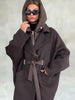Dark Brown Hooded Hybrid Belted Jacket Oversize Long-Sleeve Spring Elegant Women Outerwear Office Casual Overcoat