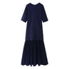 Women Elegant Half Sleeves O-Collar Pleated Dress Spring Woman Rear Zipper Splicing Vintage Casual Knitted Long Dress