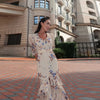 Sexy Print Women Long Dress Urban V-neck Single Breasted Ruffles Half Sleeve Female Dresses Spring Autumn Lady Robe