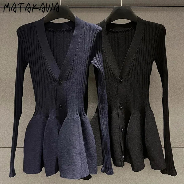 V Neck Knitted Mini Dresses Single Breasted Autumn Winter Solid Vestidos Mujer Vintage Korean Women Dress