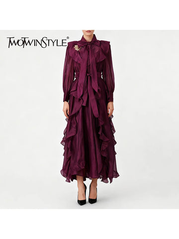Solid Spliced Ruffles Folds Dresses for Women O Neck Long Sleeves High Waist Patchwork Lace Up Dress Female
